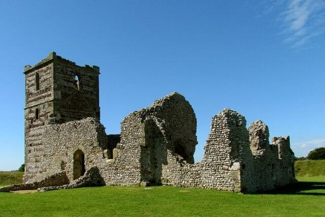 Knowlton Church with blue skies in the background