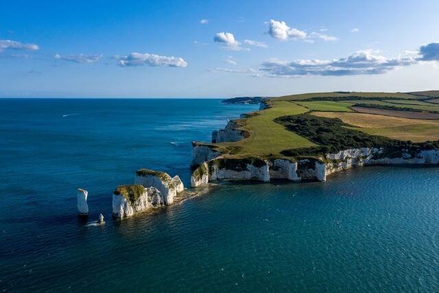 Arial view of Old Harry Rocks and the white cliffs of the Jurassic Coast