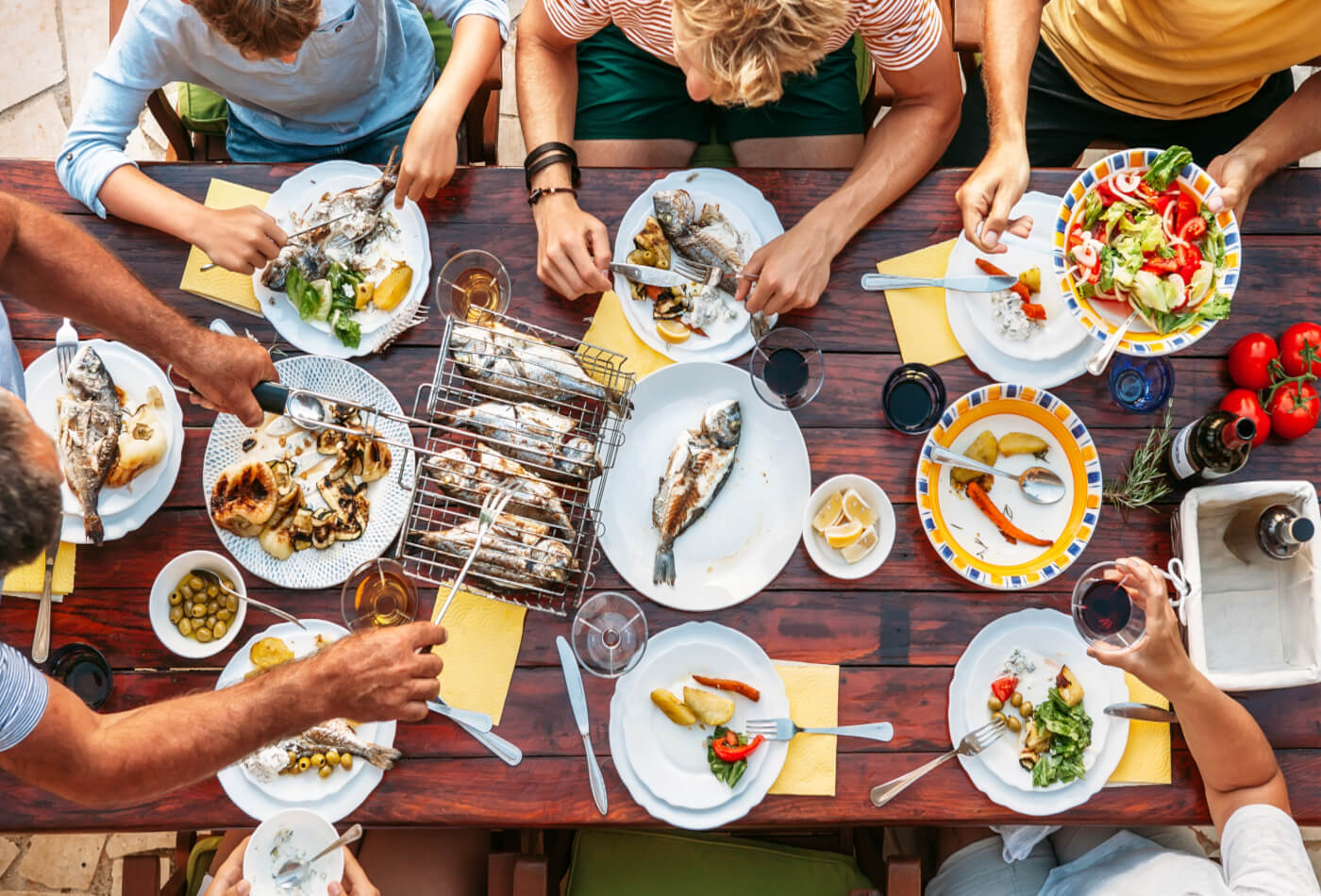 Family dinner with seafood