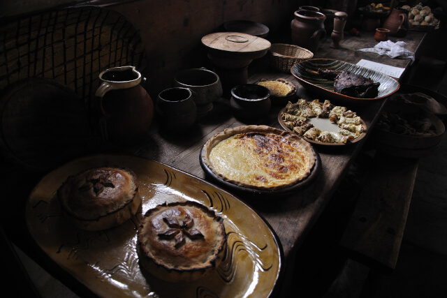Authentic display of food in Tudor kitchen