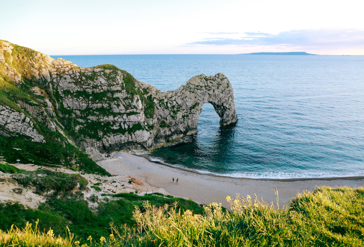 View of sea and Durdle Door landmark