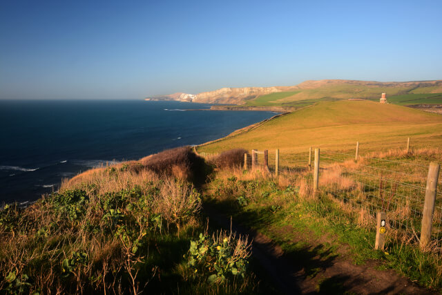 View of sea and countryside at Kimmeridge Bay