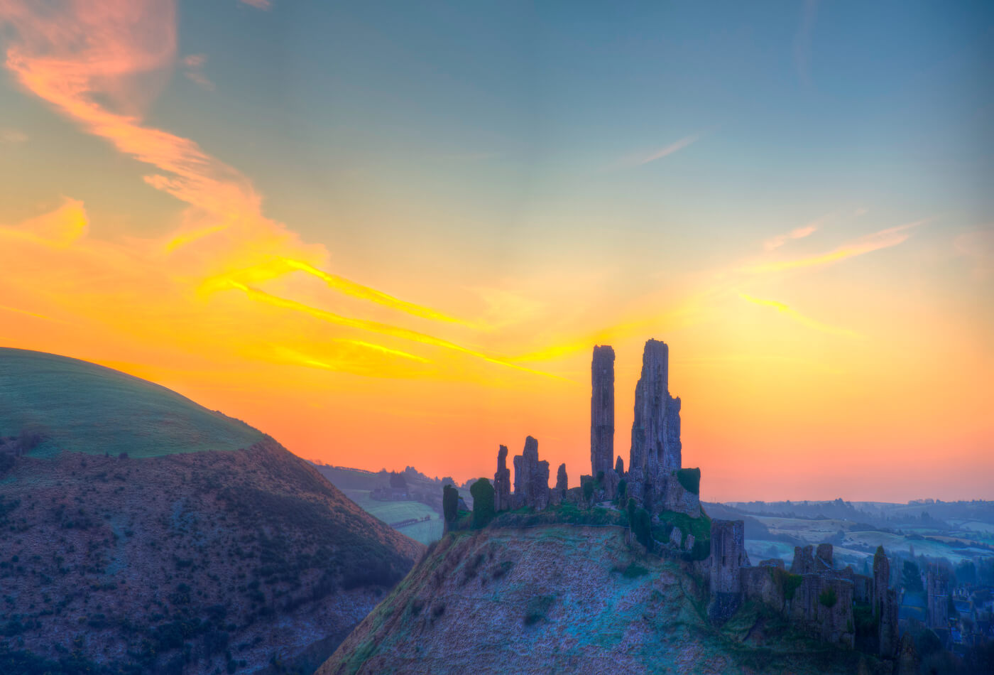 Sunrise over Castle Corfe