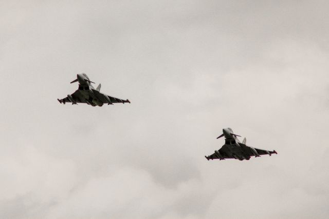 Two RAF Typhoons in the sky